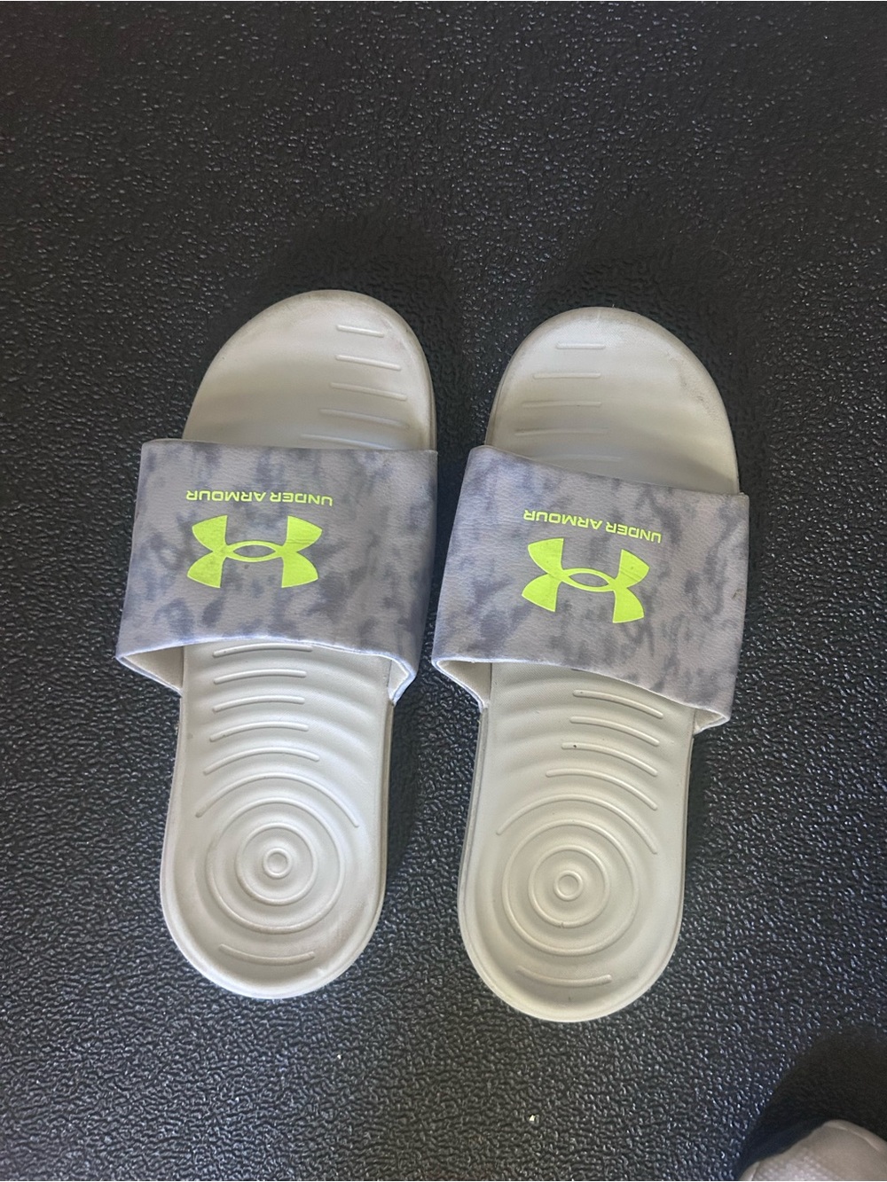 Under Armour Gray Slide Sandals with Neon Yellow Logo